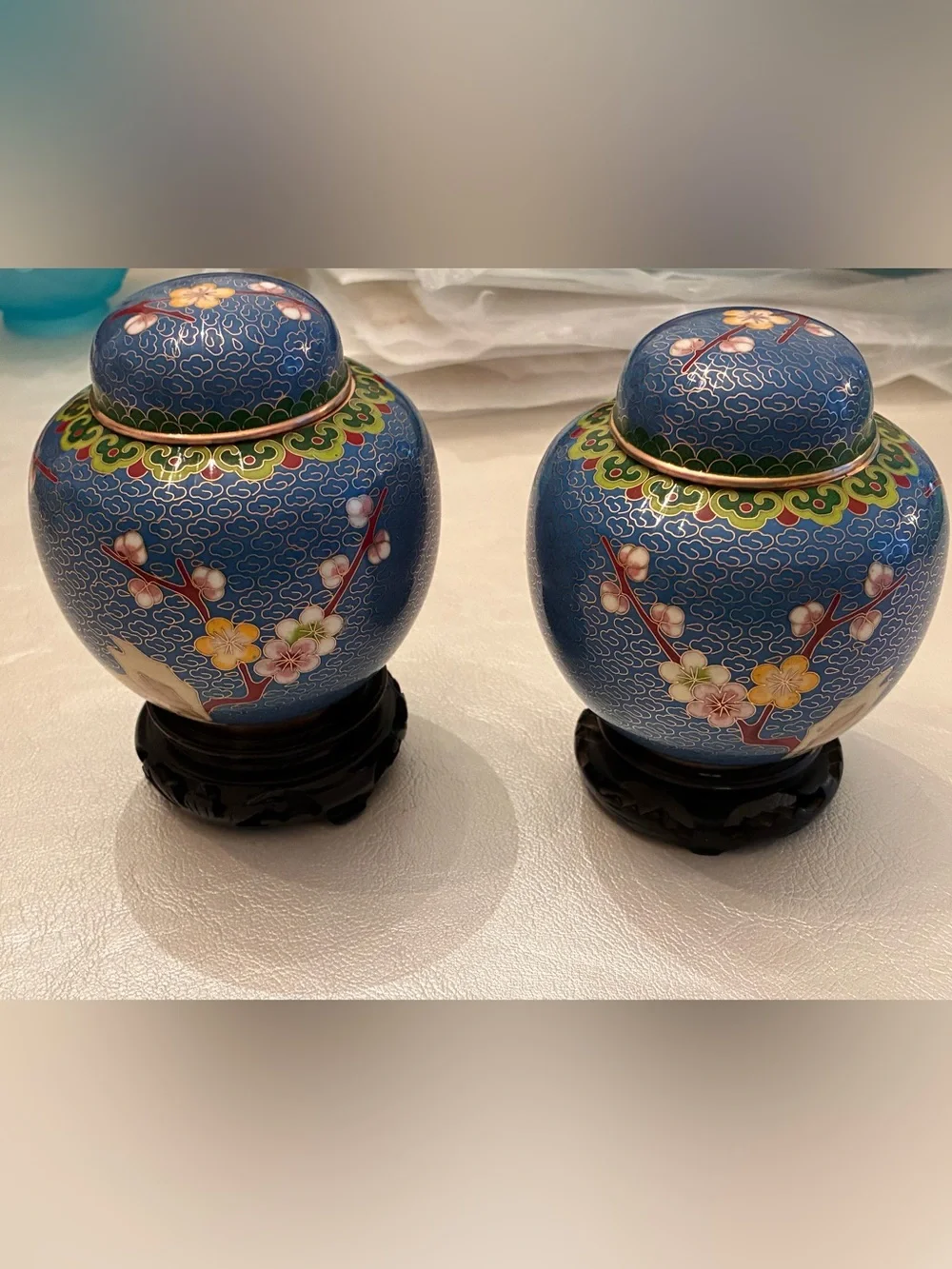 Pair Of Vintage Chinese Cloisonné Lidded Ginger Jars, Floral Motif, 4 1/2” T